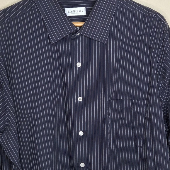 VanHeusen | Dark Charcoal Gray & White Pinstripe Button Front Shirt French Cuff - Picture 2 of 6